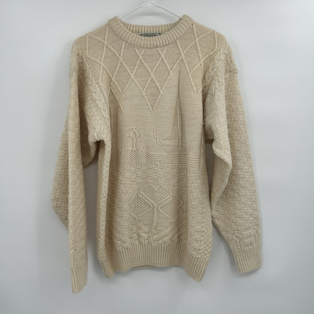 VTG Shamrock Apparel Irish Wool Chunky Knit Sweater Size S Ivory Fisherman